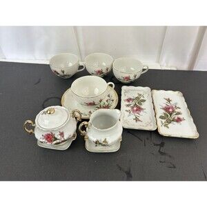 Royal Sealy Japan Vtg Tea Rose Gold  4 Cup 1 Saucer Sugar Cream 2 long Plates